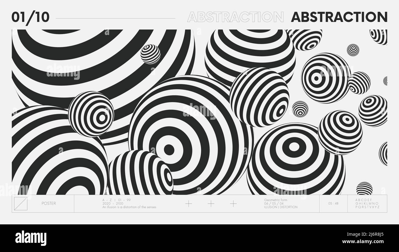 Abstrakte moderne geometrische Banner mit einfachen Formen in schwarz-weißen Farben, grafische Komposition Design Vektor-Hintergrund, fliegende Kugeln von verschiedenen Stock Vektor