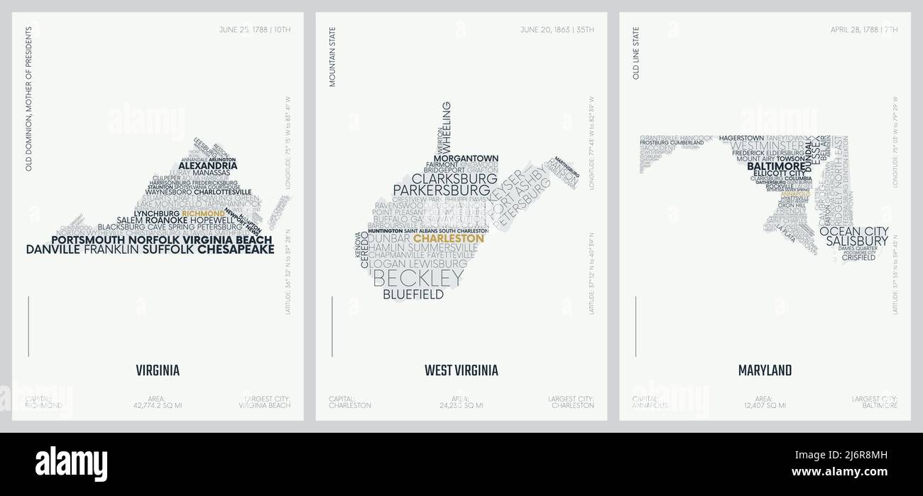Typografie Komposition von Stadtnamen, Silhouetten-Karten der Bundesstaaten von Amerika, Vektor-Detailplakate, Virginia, West Virginia, Maryland Stock Vektor