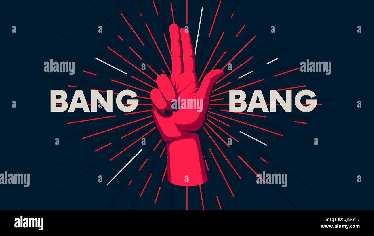 Geste der menschlichen Hand vor dem Hintergrund des Sonnenaufbruchs, Bewegung der Finger, motivierendes Vektorplakat mit dem Slogan Bang Bang Stock Vektor