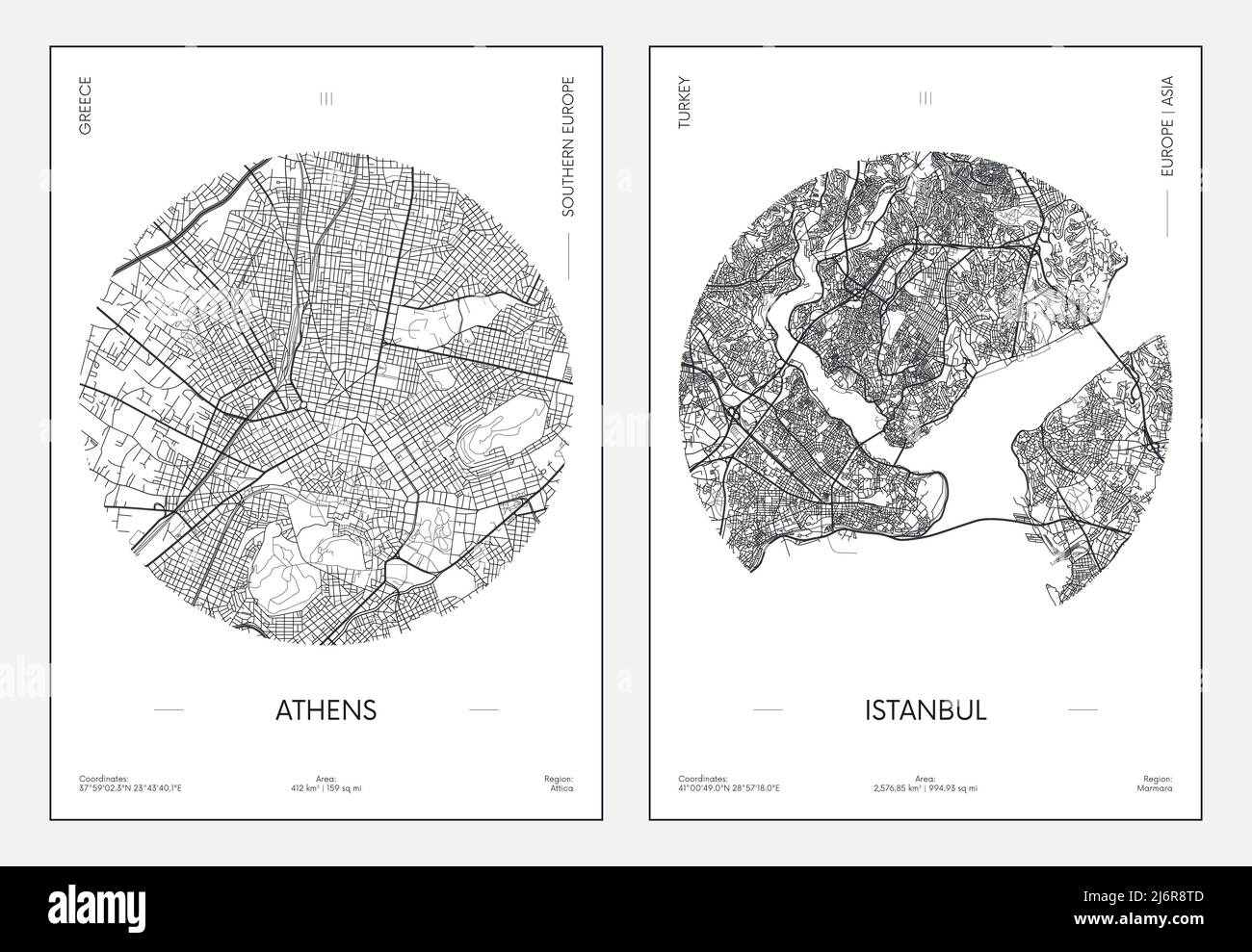 Reiseposter, Stadtplan Stadtplan Athen und Istanbul, Vektorgrafik Stock Vektor