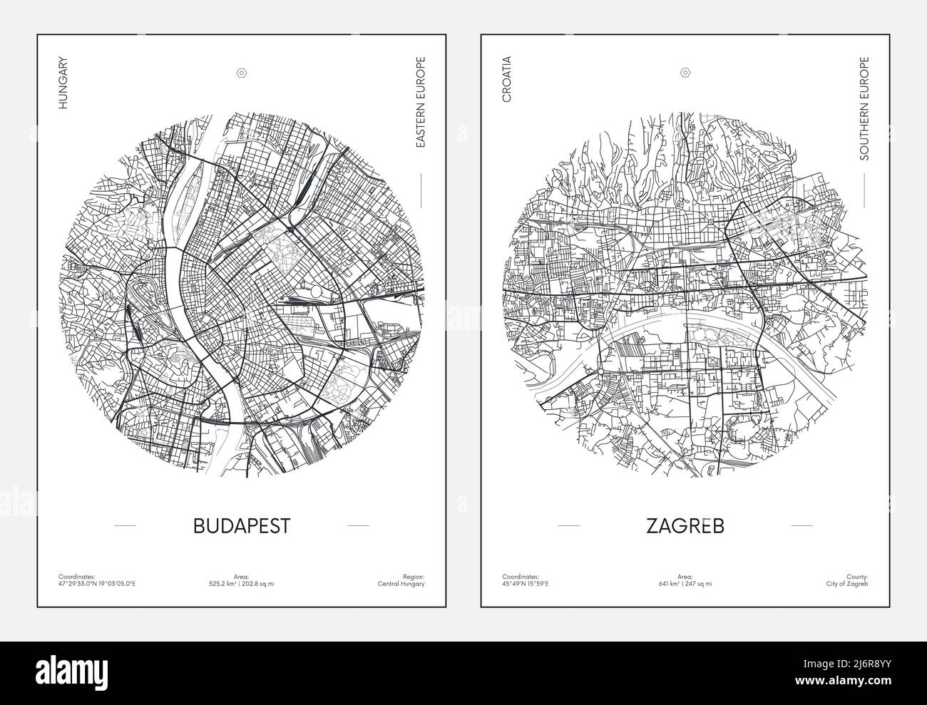 Reiseposter, Stadtplan Stadtplan Budapest und Zagreb, Vektorgrafik Stock Vektor