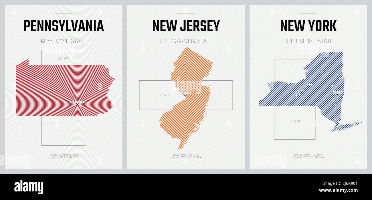 Vektorplakate Detaillierte Silhouetten-Karten der Staaten von Amerika mit abstraktem linearem Muster, Pennsylvania, New Jersey, New York Stock Vektor