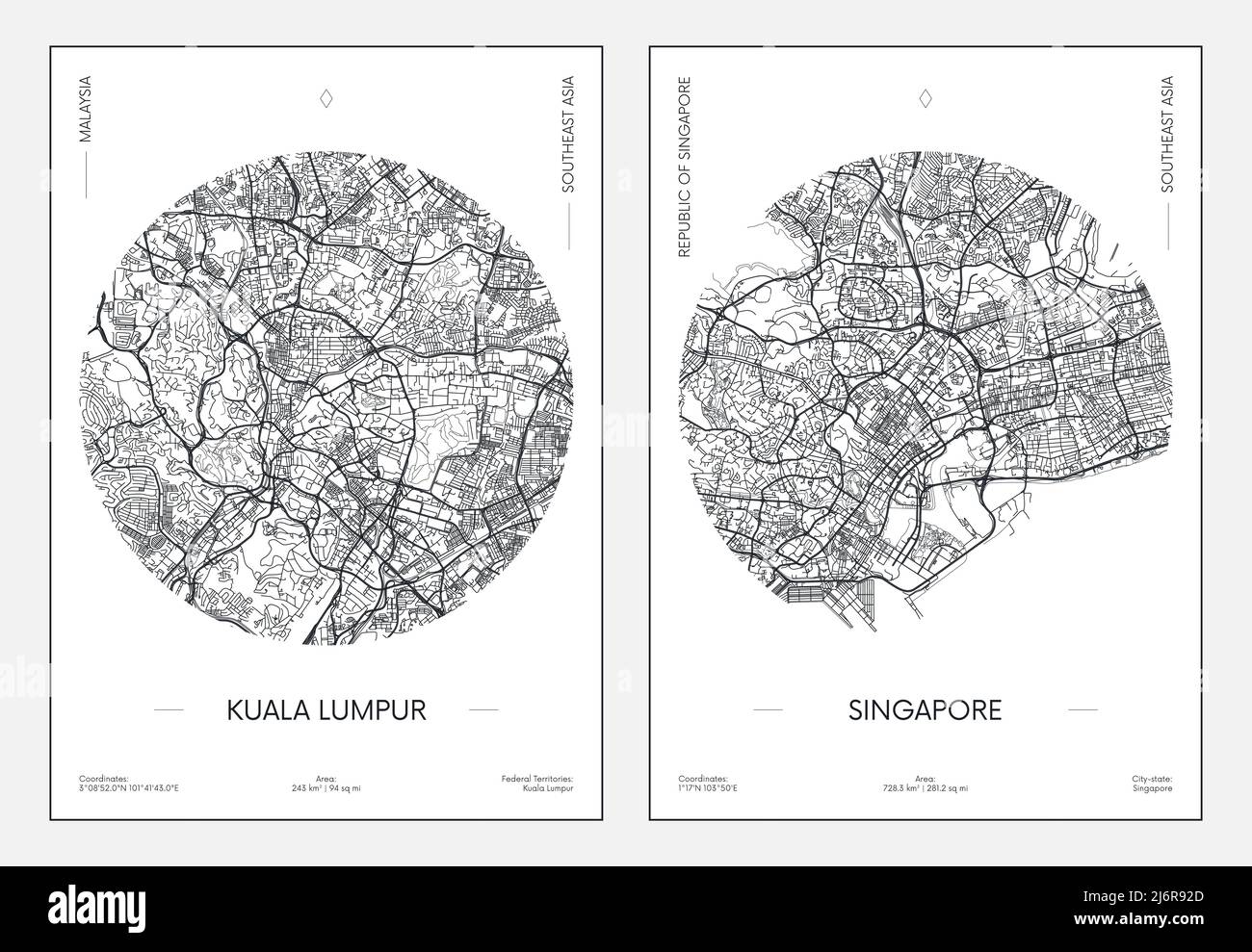 Reiseposter, Stadtplan Stadtplan Kuala Lumpur und Singapur, Vektorgrafik Stock Vektor