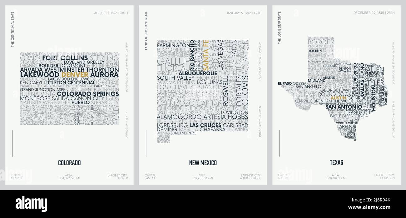 Typografie Komposition von Stadtnamen, Silhouetten-Karten der Staaten von Amerika, Vektor-Detailplakate, Colorado, New Mexico, Texas Stock Vektor