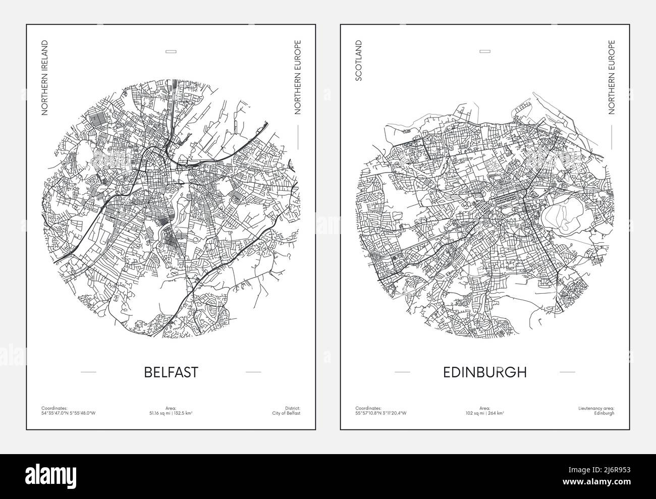 Reiseposter, Stadtplan Stadtplan Belfast und Edinburgh, Vektorgrafik Stock Vektor