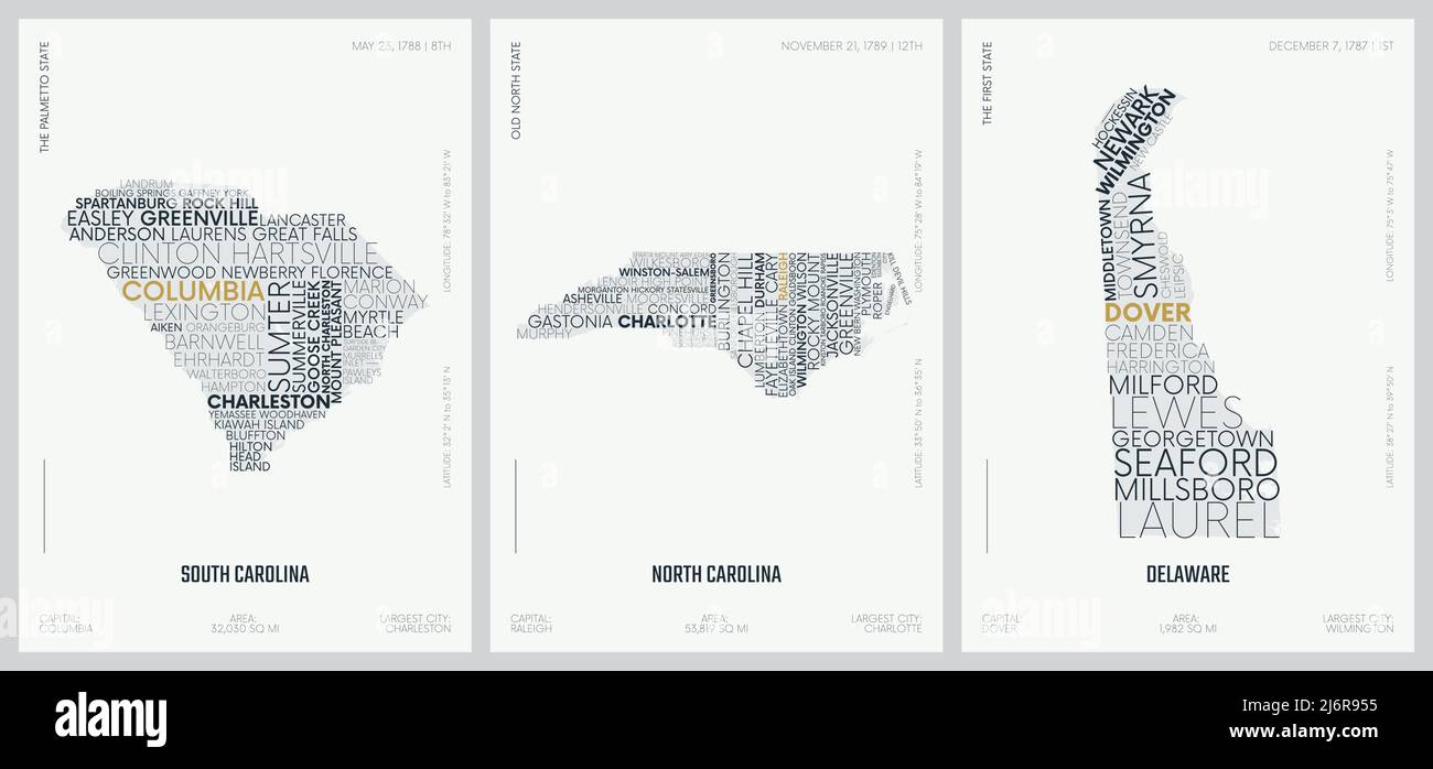 Typografie Komposition von Stadtnamen, Silhouetten-Karten der Bundesstaaten von Amerika, Vektor-Detailplakate, South Carolina, North Carolina, Delaware Stock Vektor