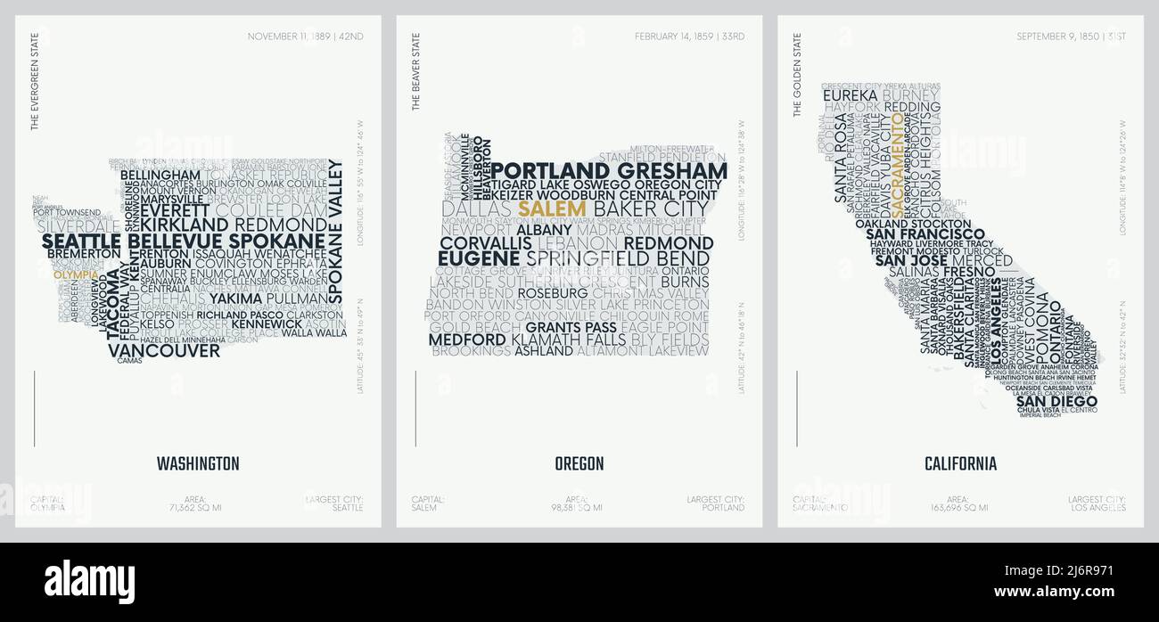 Typografie Komposition von Stadtnamen, Silhouetten-Karten der Staaten von Amerika, Vektorplakate, Division Pacific - Washington, Oregon, Kalifornien Stock Vektor