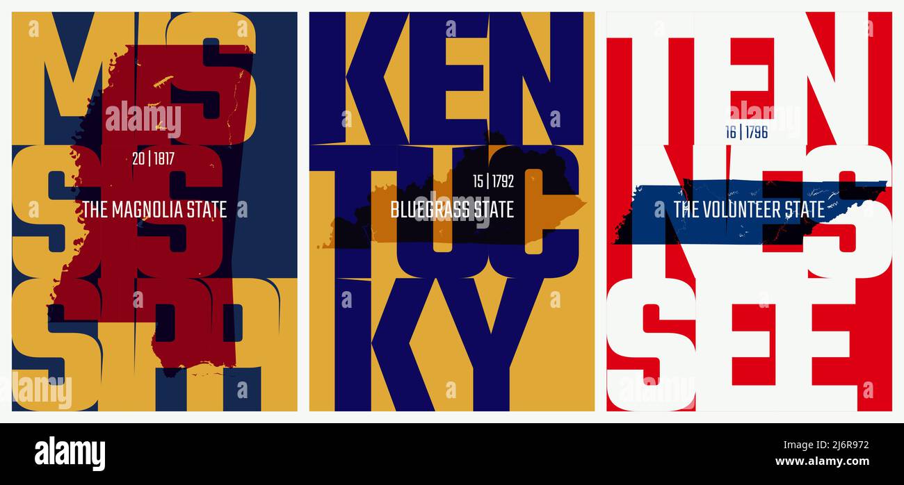 Vector Plakate Staaten der Vereinigten Staaten mit einem Namen, Spitznamen, Datum zugelassen, um die Union, Mississippi, Kentucky, Tennessee Stock Vektor