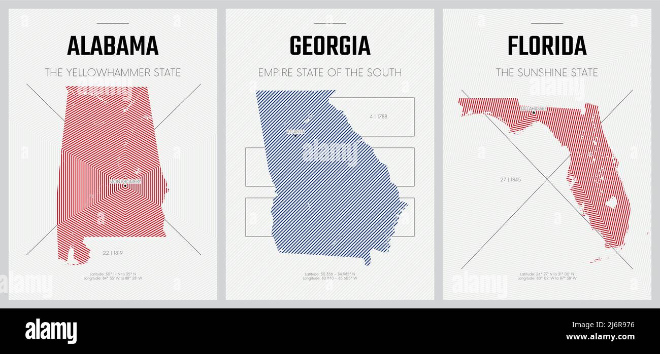 Vektorplakate Detaillierte Silhouetten-Karten der Staaten von Amerika mit abstraktem linearem Muster, Alabama, Georgia, Florida Stock Vektor