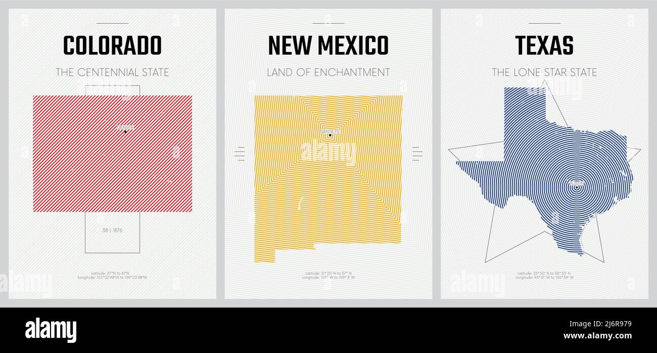 Vektorplakate Detaillierte Silhouetten-Karten der Bundesstaaten Amerika mit abstraktem linearem Muster, Division Mountain Colorado, New Mexico, Texas Stock Vektor