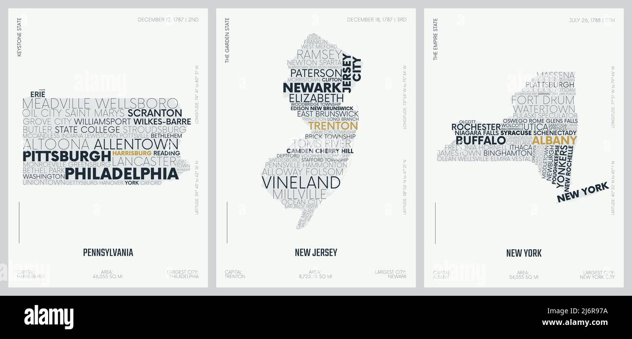 Typografie Komposition von Stadtnamen, Silhouetten-Karten der Staaten von Amerika, Vektor-Detailplakate, Pennsylvania, New Jersey, New York Stock Vektor