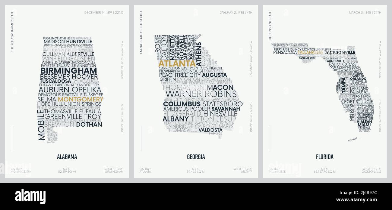 Typografie Komposition von Stadtnamen, Silhouetten-Karten der Staaten von Amerika, Vektor-detaillierte Plakate, Alabama, Georgia, Florida Stock Vektor
