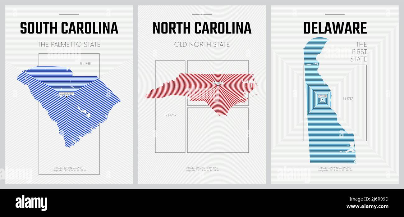 Vektorplakate Detaillierte Silhouetten Karten der Staaten von Amerika mit abstraktem linearem Muster, South Carolina, North Carolina, Delaware Stock Vektor