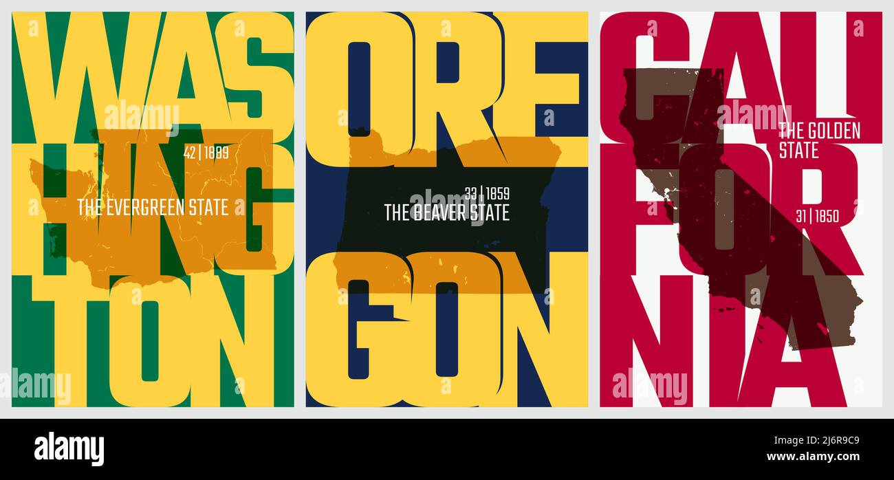 Vektorplakate Staaten der Vereinigten Staaten mit einem Namen, Spitznamen, Datum zugelassen in die Union, Division Pacific - Washington, Oregon, California - eingestellt Stock Vektor