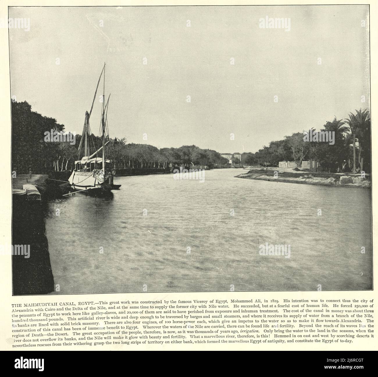 Vintage-Fotografie des Mahmoudiyah-Kanals, einem 45 Meilen langen (72 km) langen Unterkanal vom Nil, der am Nil-Hafen von Mahmoudia beginnt und durch Alexandria bis zum Mittelmeer führt. 19. Jahrhundert Stockfoto