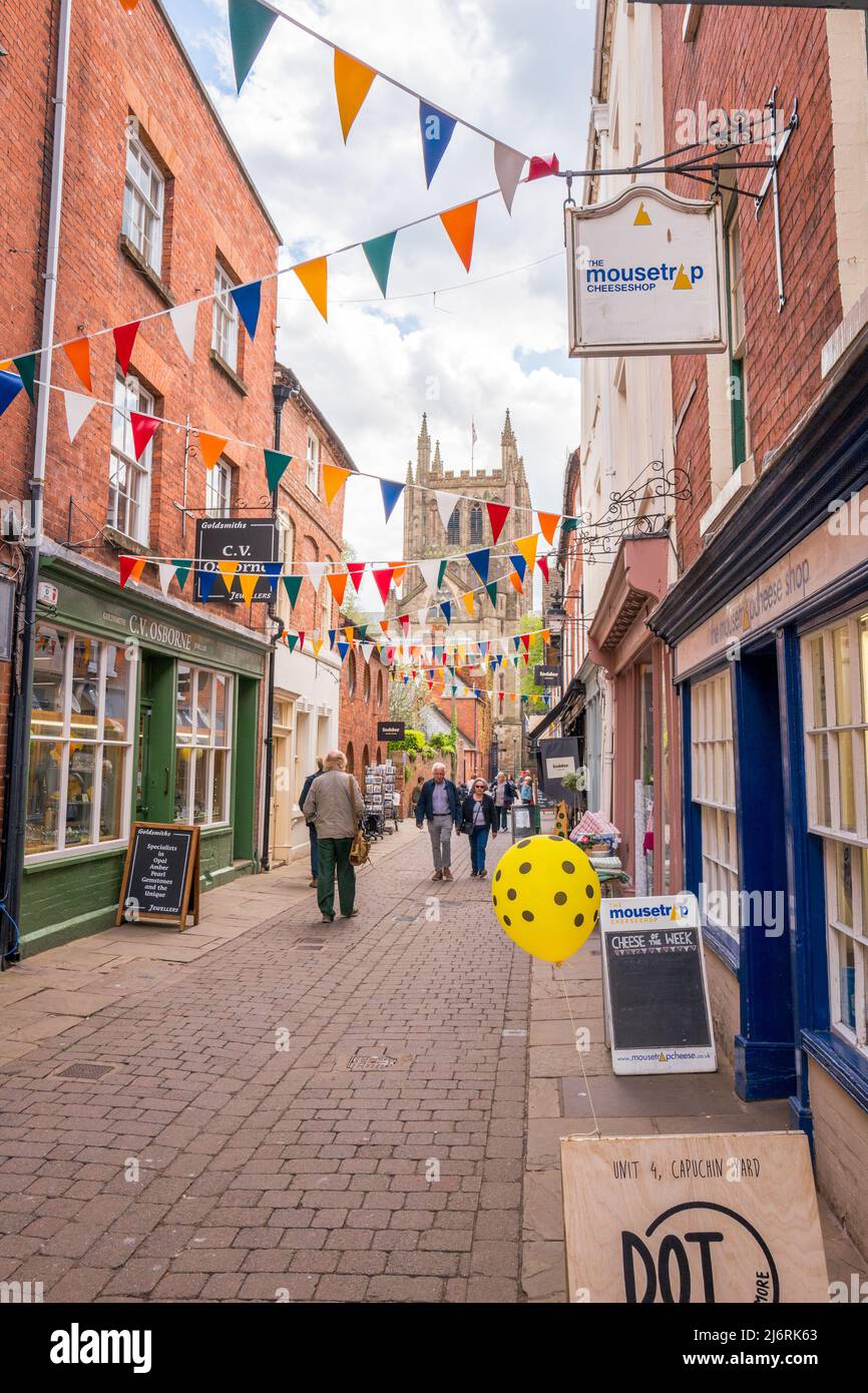 Fußgängerzeilchen Straße der Church Street in der Stadt Hereford, Herefordshire, England, Großbritannien. Stockfoto