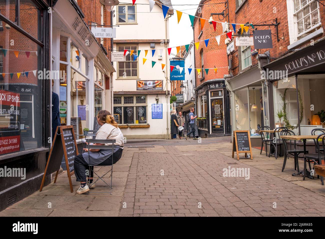 Fußgängerzeilchen Straße der Church Street in der Stadt Hereford, Herefordshire, England, Großbritannien. Stockfoto