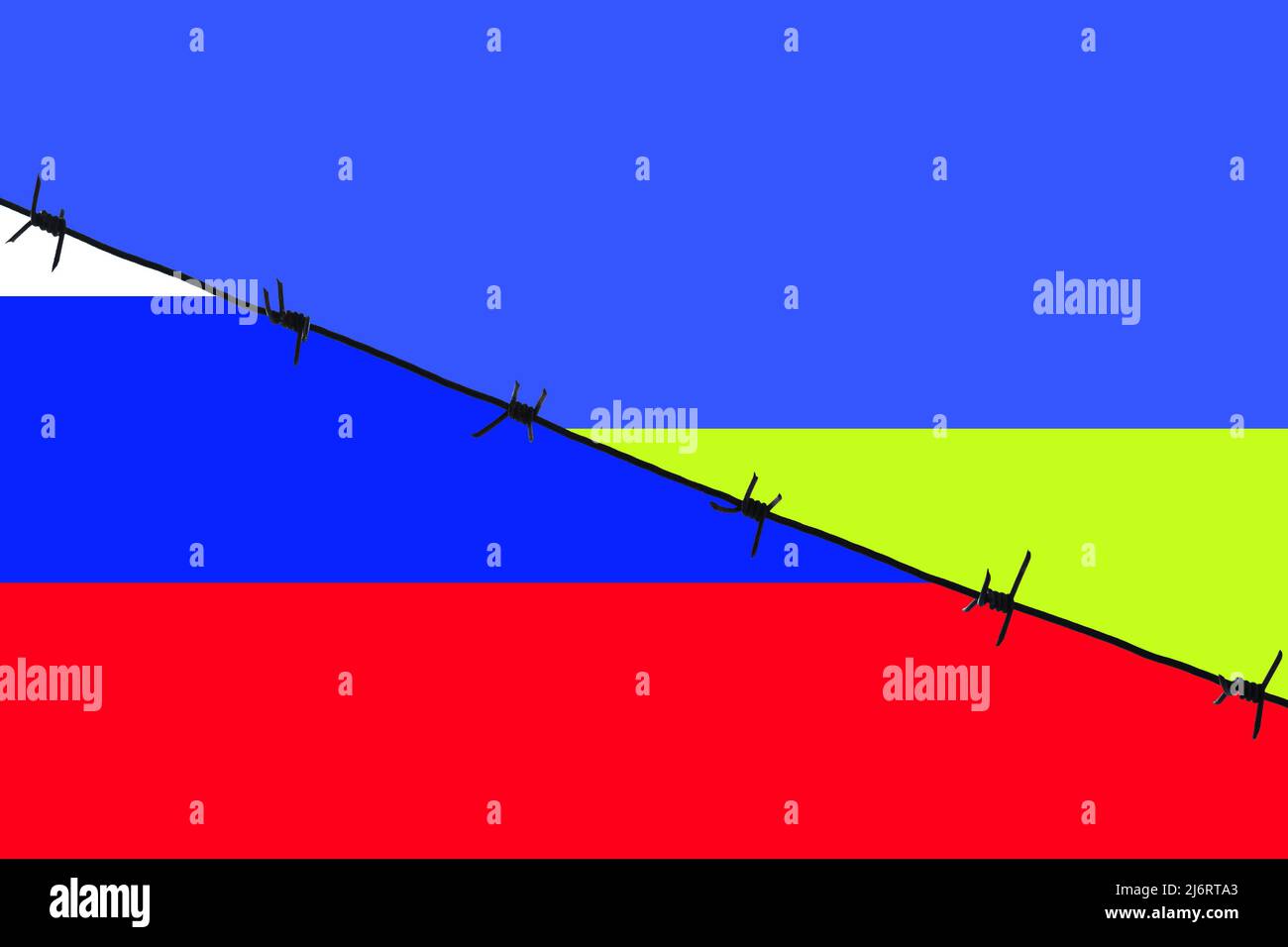 Russische und ukrainische Flaggen durch Stacheldraht getrennt. Symbol des Konflikts, Krieg zweier Länder. Stockfoto