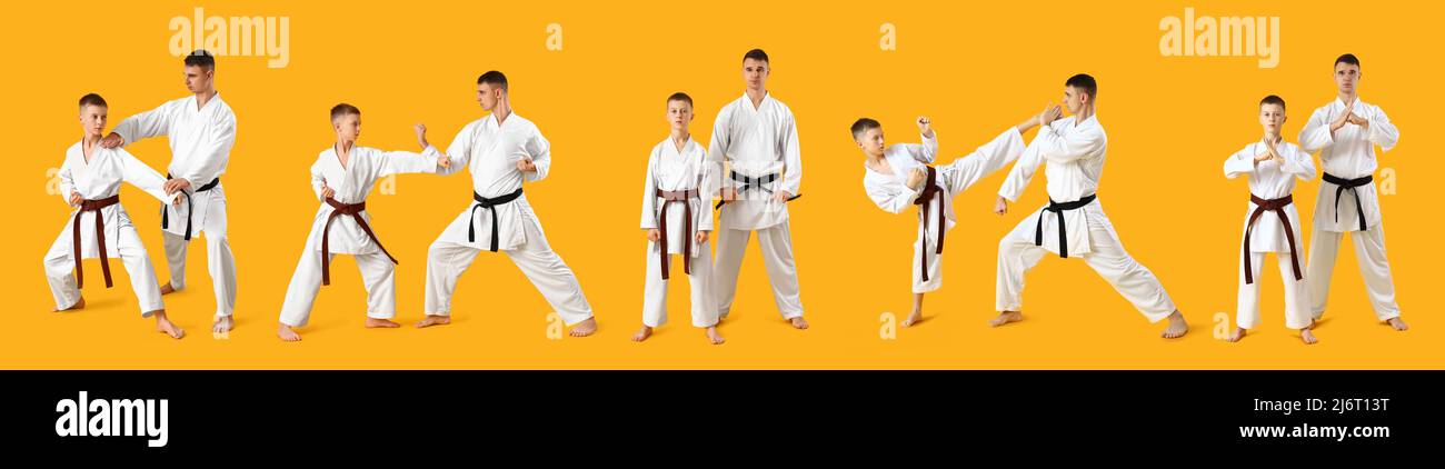 Set von Karate-Lehrer und seine Schüler auf gelbem Hintergrund Stockfoto