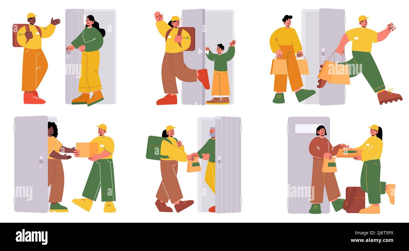 Ein Satz von Kurierzeichen liefert Pakete an die Tür des Kunden. Shipping Service Worker mit Lebensmittelgeschäft, Lebensmittel, Karton, Pizza oder Papiertüten bringen Bestellung zu Kunden nach Hause, Linear flache Vektor-Illustration Stock Vektor