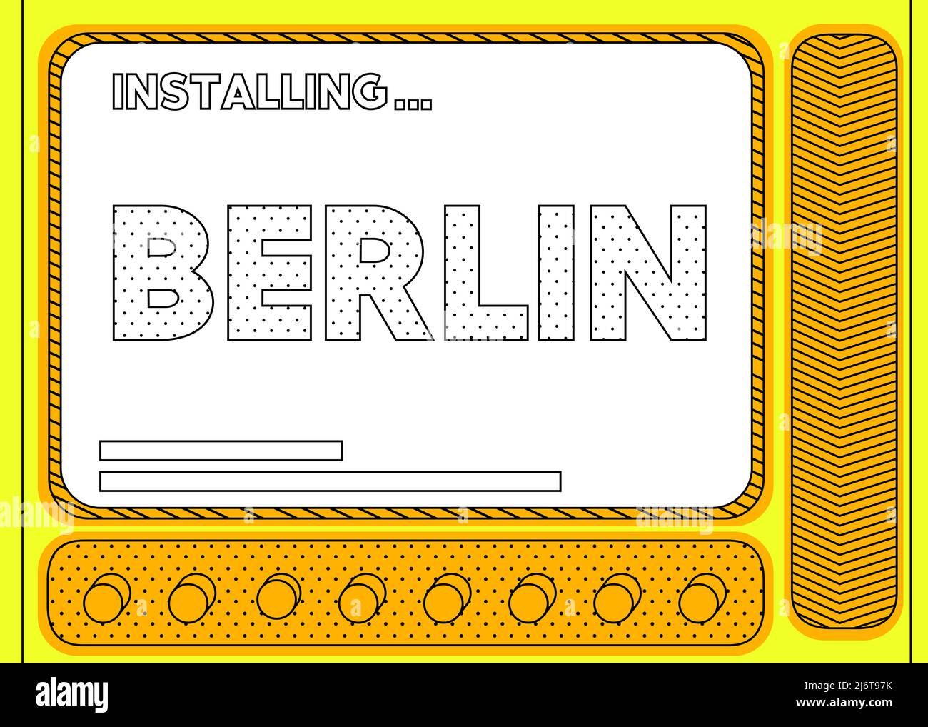 Cartoon Computer mit dem Wort Berlin. Meldung eines Bildschirms mit einem Installationsfenster. Stock Vektor