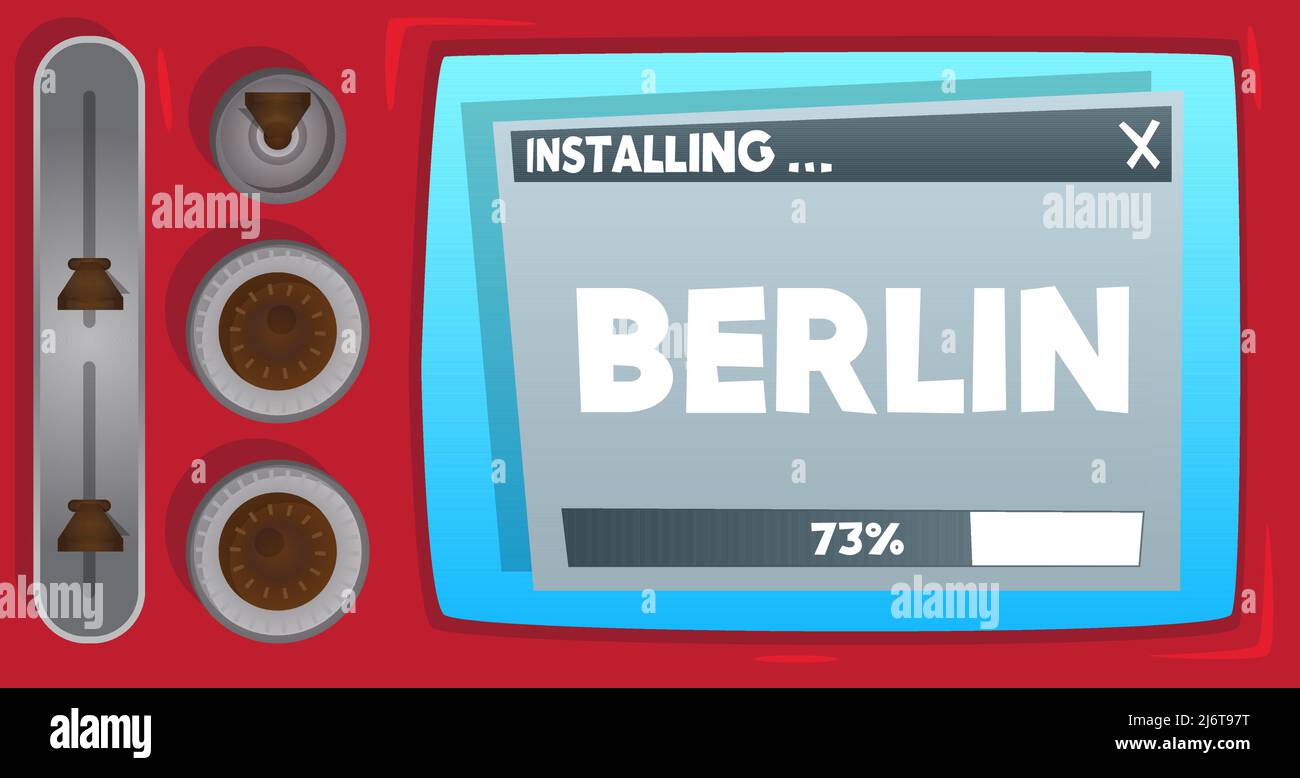Cartoon Computer mit dem Wort Berlin. Meldung eines Bildschirms mit einem Installationsfenster. Stock Vektor