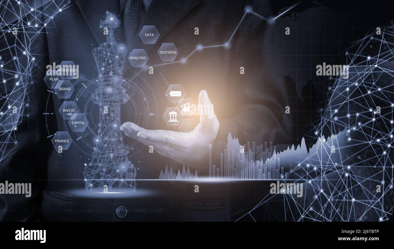 Schachspiel hinter Forex-Chart-Indikatoren oder Börsengraph im abstrakten Hintergrund. Geschäftskonzept zur Präsentation von Finanzinformationen und digitalen Stockfoto