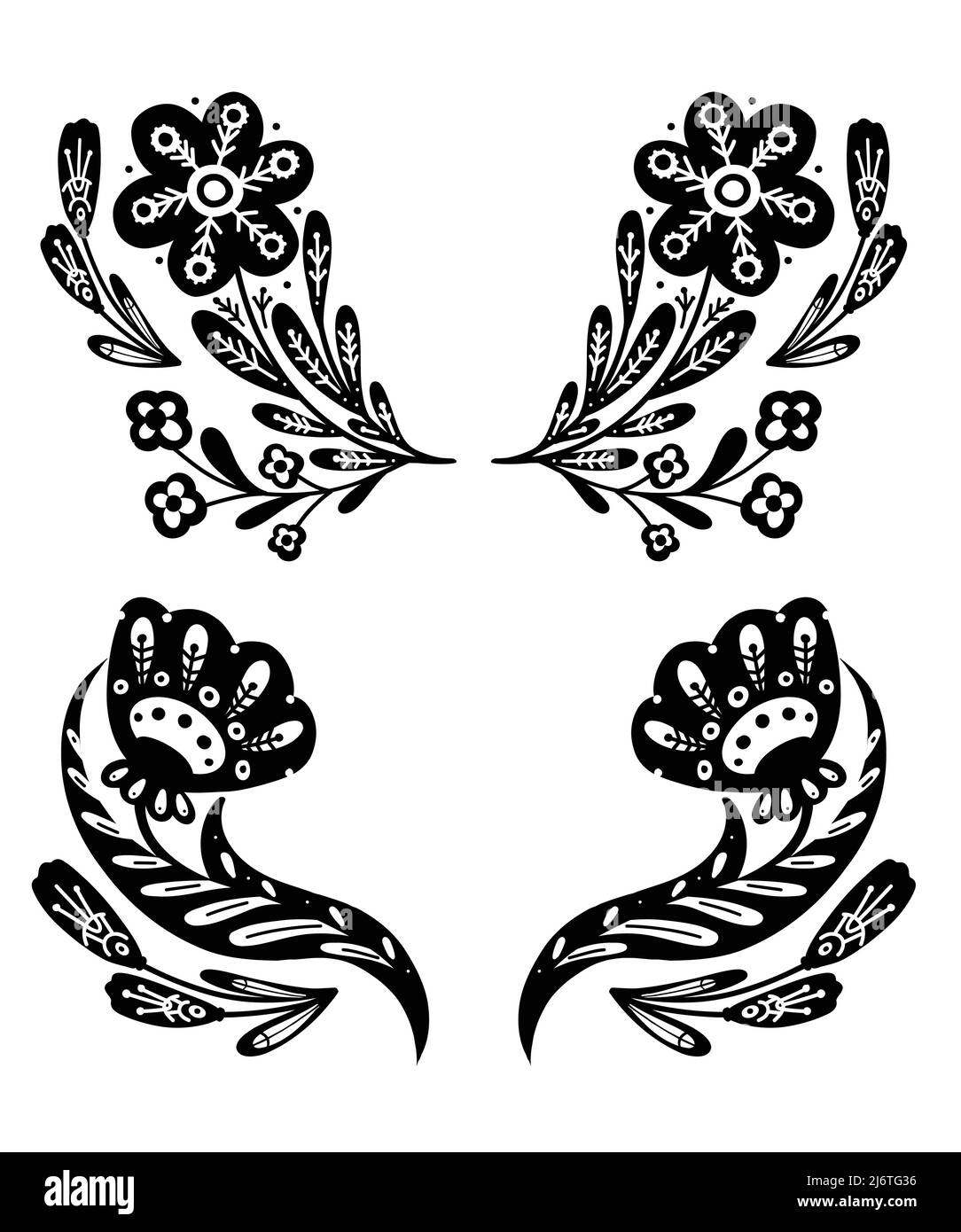 Set von Vektor monochromen Cliparts mit Blumen auf Stielen mit Folk-Ornamenten. Kit von rustikalen Vorlagen mit schwarzen Blumenarrangement mit naiv Stock Vektor