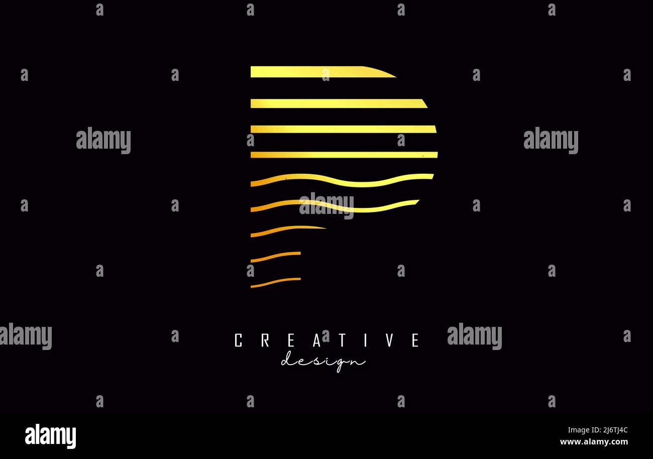 P-Logo mit goldenen Linien und Zick-Zack-Linien. Vektorgrafik mit Farblinien bei Sonnenuntergang. Stock Vektor