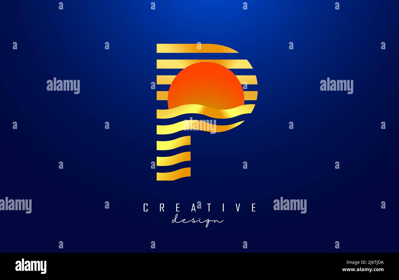 P-Logo mit goldenen Linien und Zick-Zack-Linien. Vektordarstellung mit wellenförmigen und untergehenden Farblinien und Halbkreis. Stock Vektor