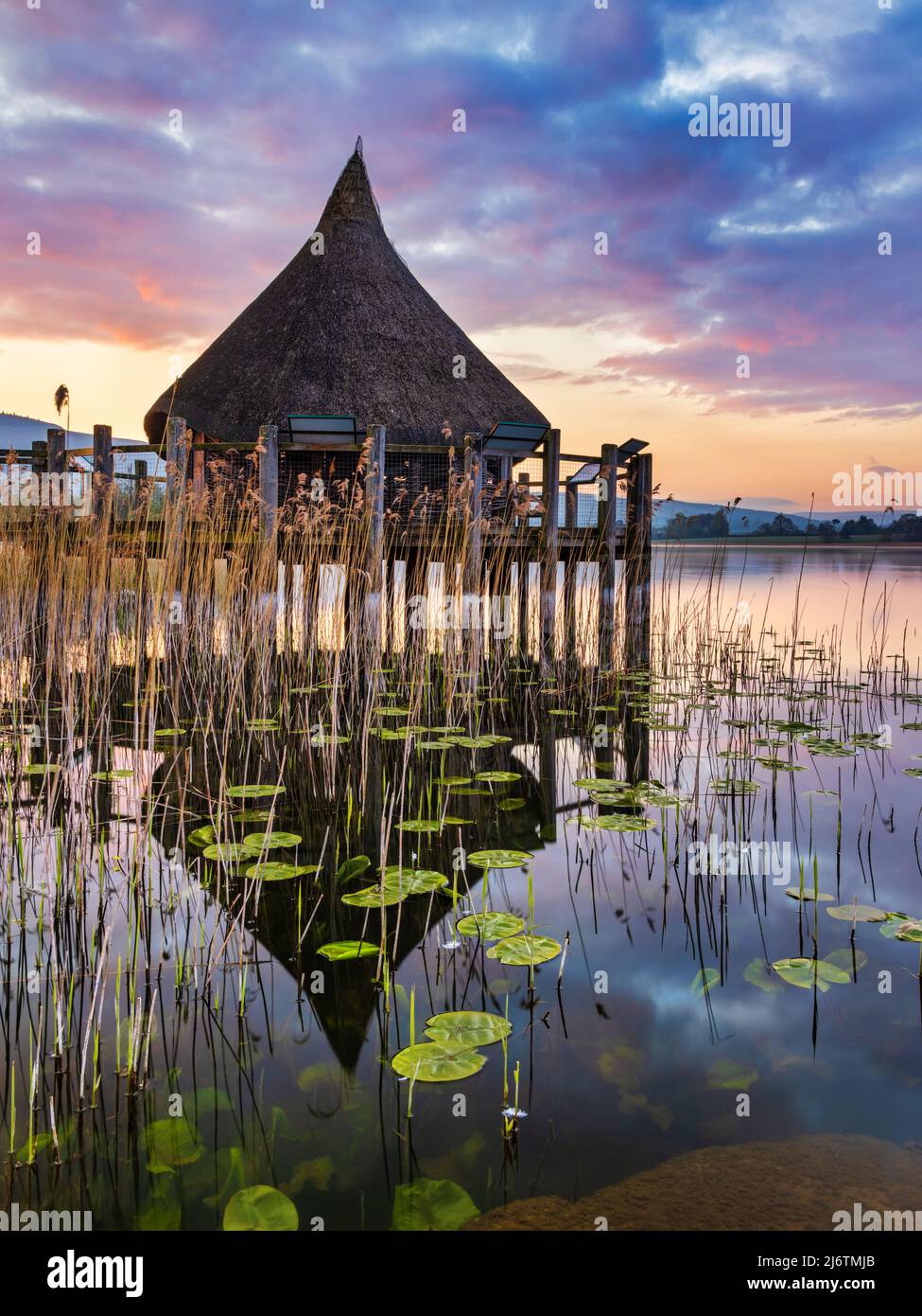 Der Crannog am Llangorse Lake im Brecon Beacons National Park, South Wales, bei Sonnenaufgang aufgenommen. Stockfoto