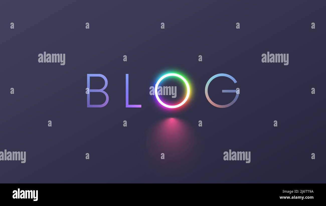 Blog auf grauem Hintergrund. Konzept Logo Blog mit Buchstabe O in Form von Ringlicht oder RGB-Kreislampe für Video-Blogging. Neon-Multicolor-Symbol Stock Vektor