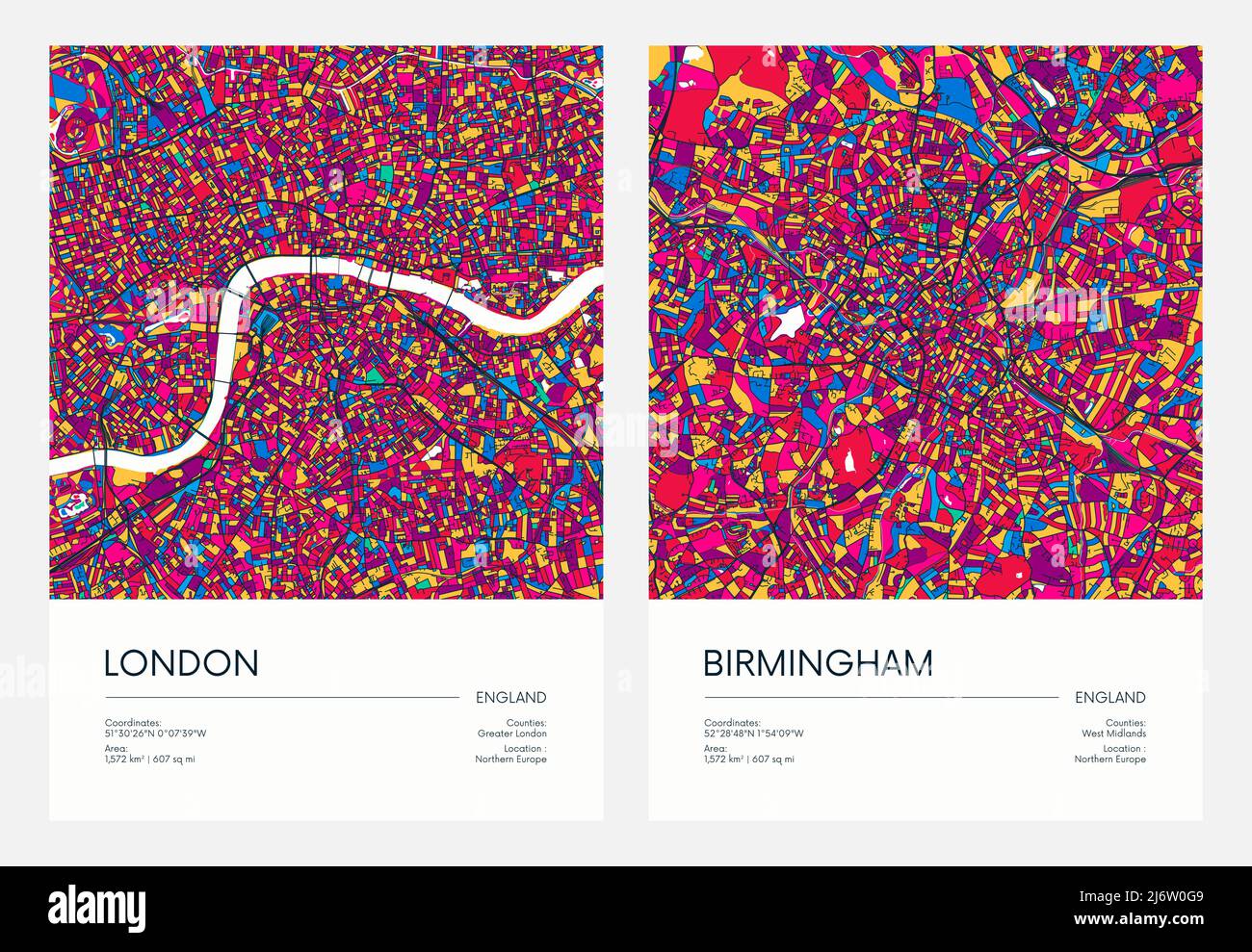 Farblich detaillierter Stadtplan, Stadtplanung Stadt London und Birmingham mit bunten Vierteln und Stadtteilen, Reise-Vektor-Poster Stock Vektor