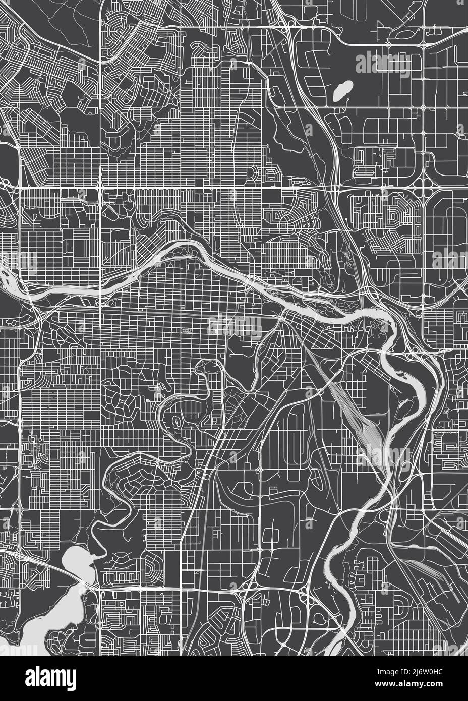 Stadtplan Calgary, monochromer Detailplan, Vektorgrafik Stock Vektor