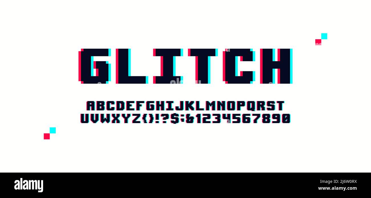 Pixel digital Glitch Alphabet verzerrt Bildschirm Fehler-Effekt, lateinische Buchstaben und Zahlen im Stil der 80er Videospiel, Vaporwave und Retro-Ästhetik Stock Vektor