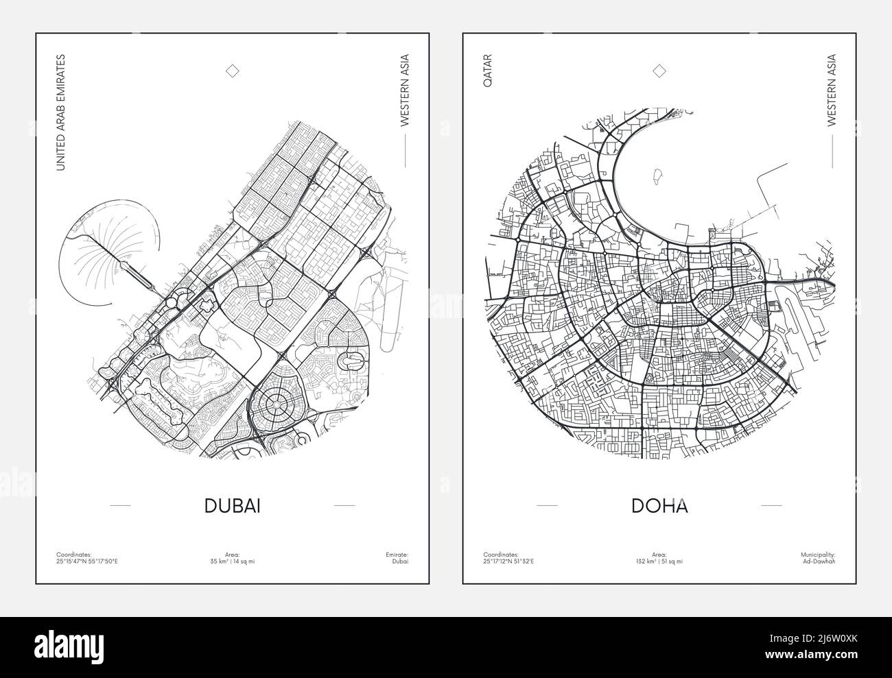Reiseposter, Stadtplan Stadtplan Dubai und Doha, Vektorgrafik Stock Vektor