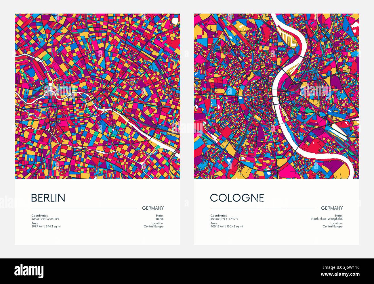 Farblich detaillierter Stadtplan, Stadtplanung Stadt Berlin und Köln mit bunten Vierteln und Stadtteilen, Reise-Vektor-Poster Stock Vektor