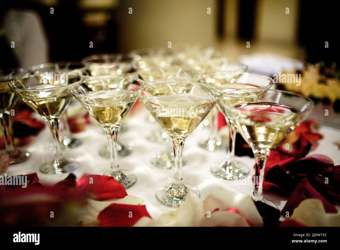 Wunderschöne Cocktails stehen in Rosenblättern. Stockfoto