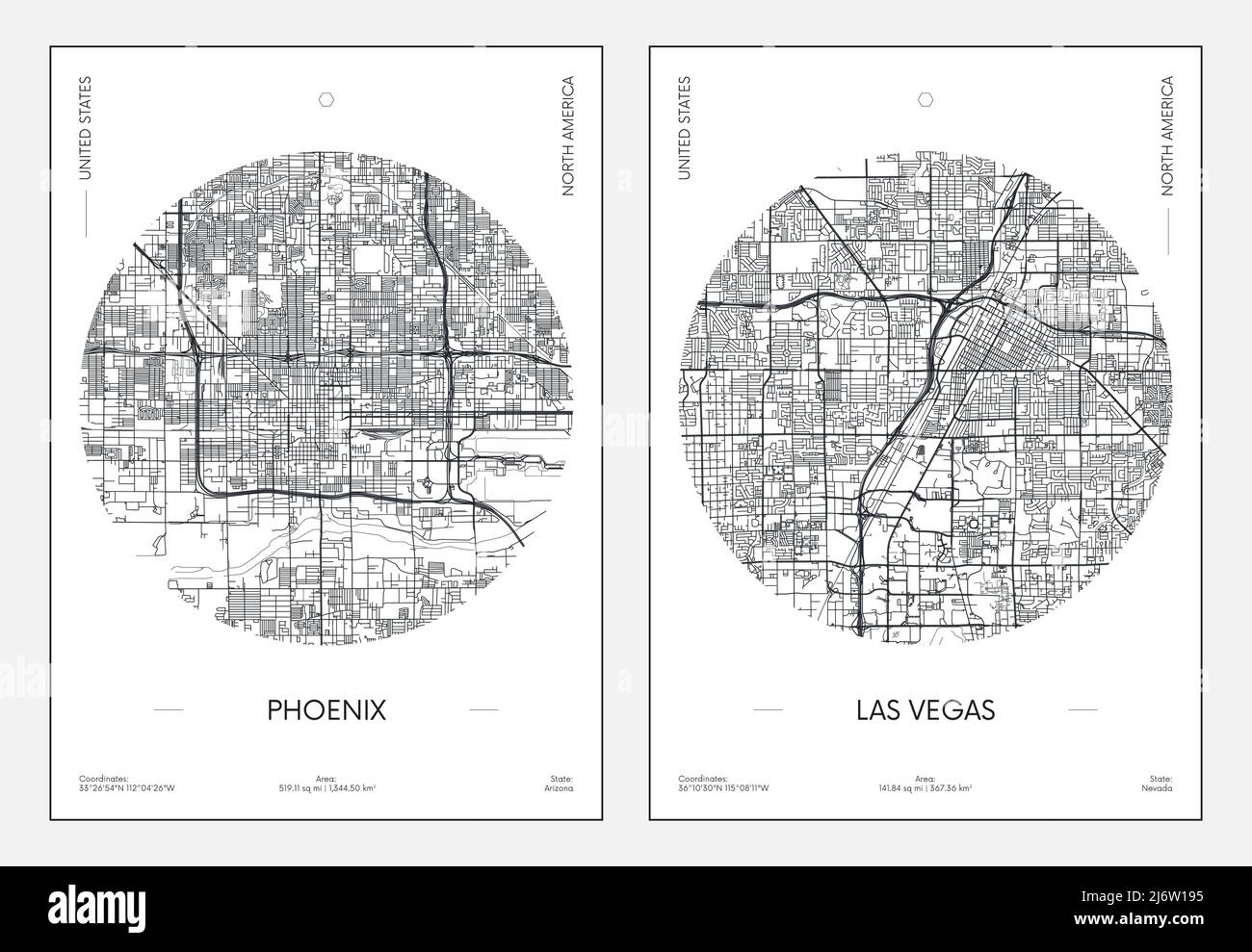 Reiseposter, Stadtplan Stadtplan Phoenix und Las Vegas, Vektorgrafik Stock Vektor