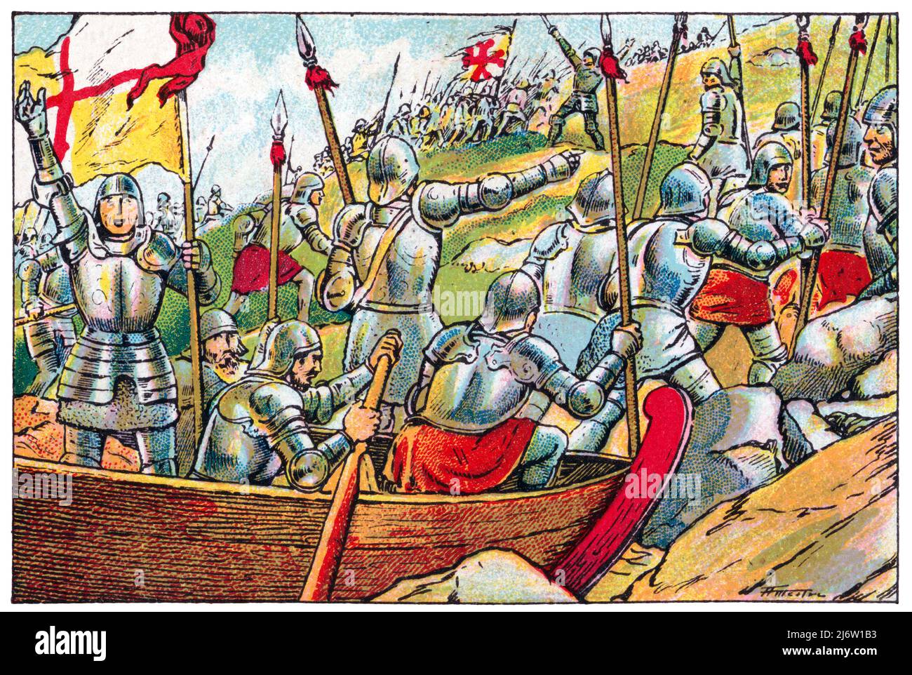 Historia de Catalunya. Reconquista del Peñón de la Gomera por García Álvarez de Toledo Osorio (1514-1577), marqués de Villafranca del Bierzo y virrey de Cataluña, por orden del rey de España Feldéphus II (1527-1598). Cromo de Xacolata Juncosa. Año 1932. Autor: Albert Mestre Moragas. Stockfoto