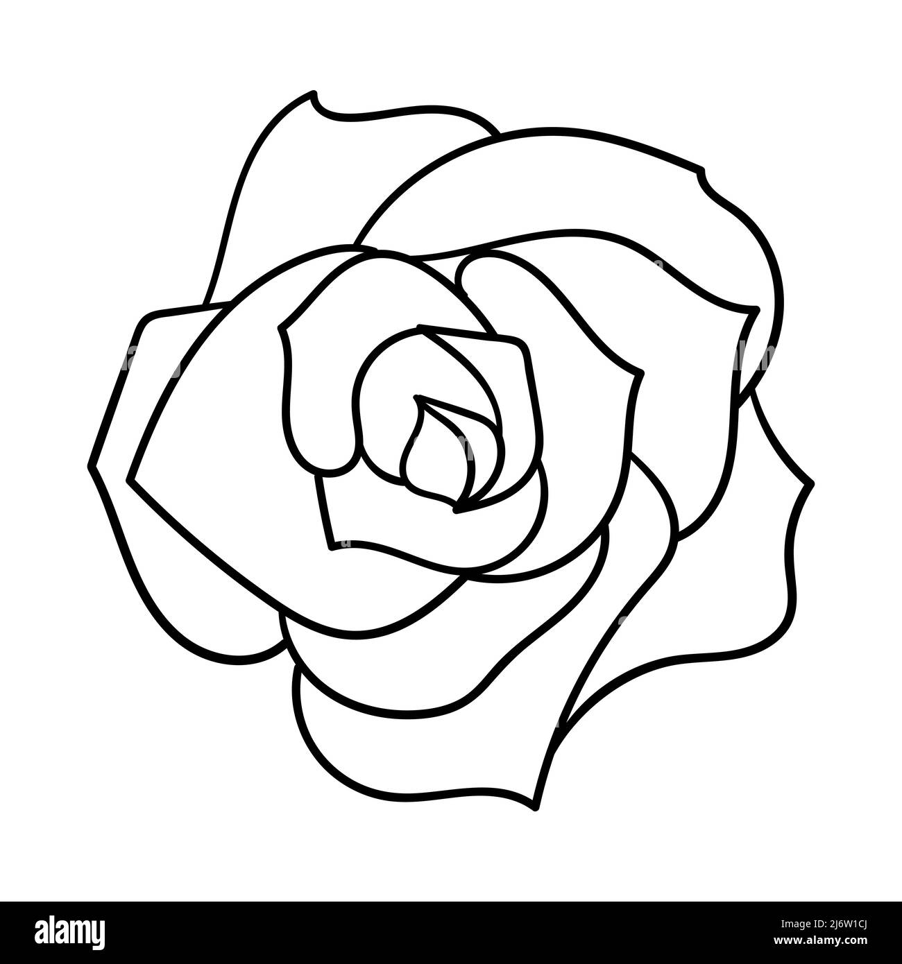 Die Blume einer blühenden Rose. Der Blick von oben. Eine Knospe mit Blütenblättern. Einfaches dekoratives Element-Design. Die Umrissdarstellung ist handgezeichnet, ISO Stock Vektor