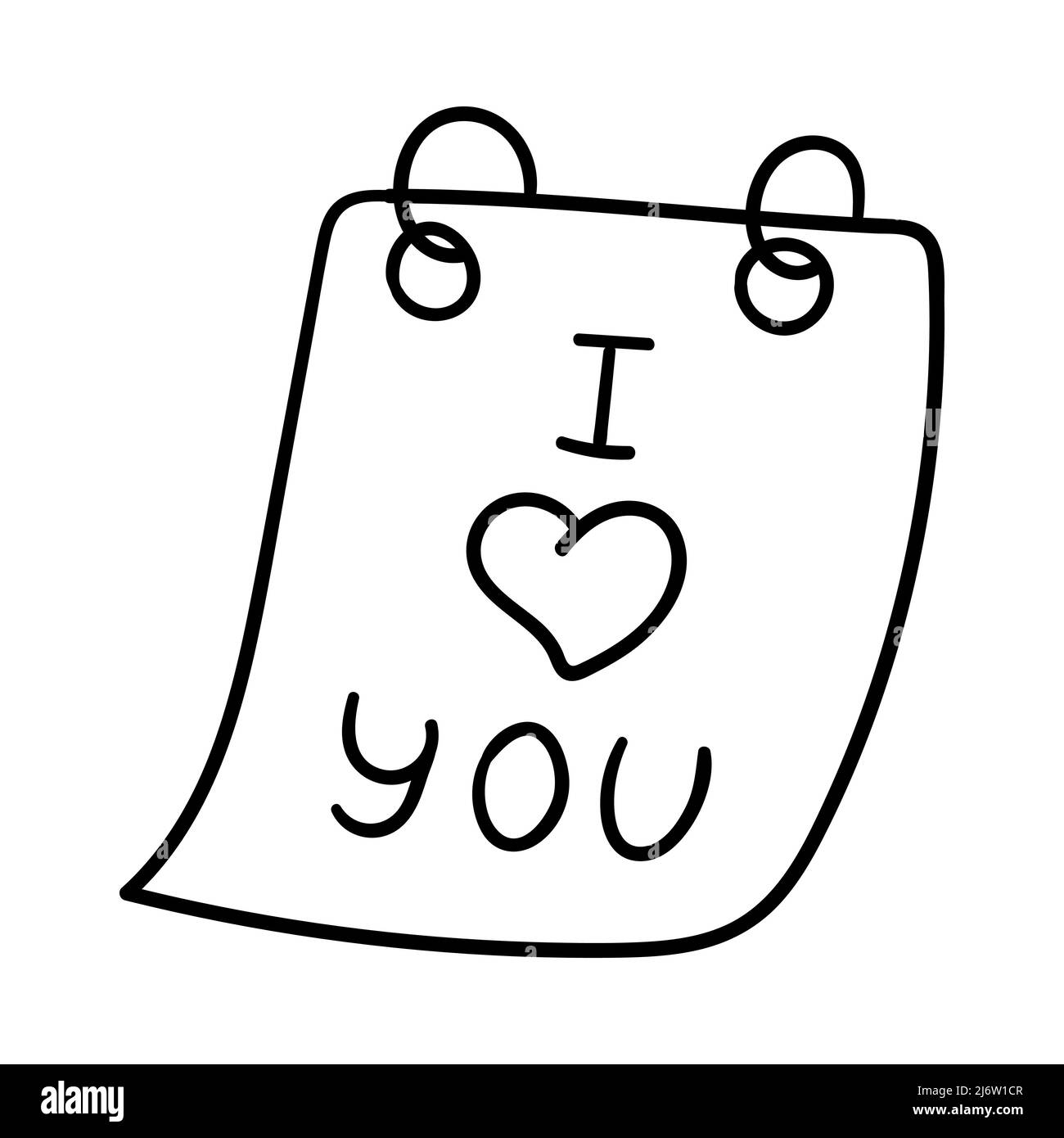 Ein Blatt mit einer Notiz mit den Worten Ich liebe dich. Dekoratives Designelement zum Valentinstag. Einfache Umrissdarstellung von Hand gezeichnet und isoliert o Stock Vektor