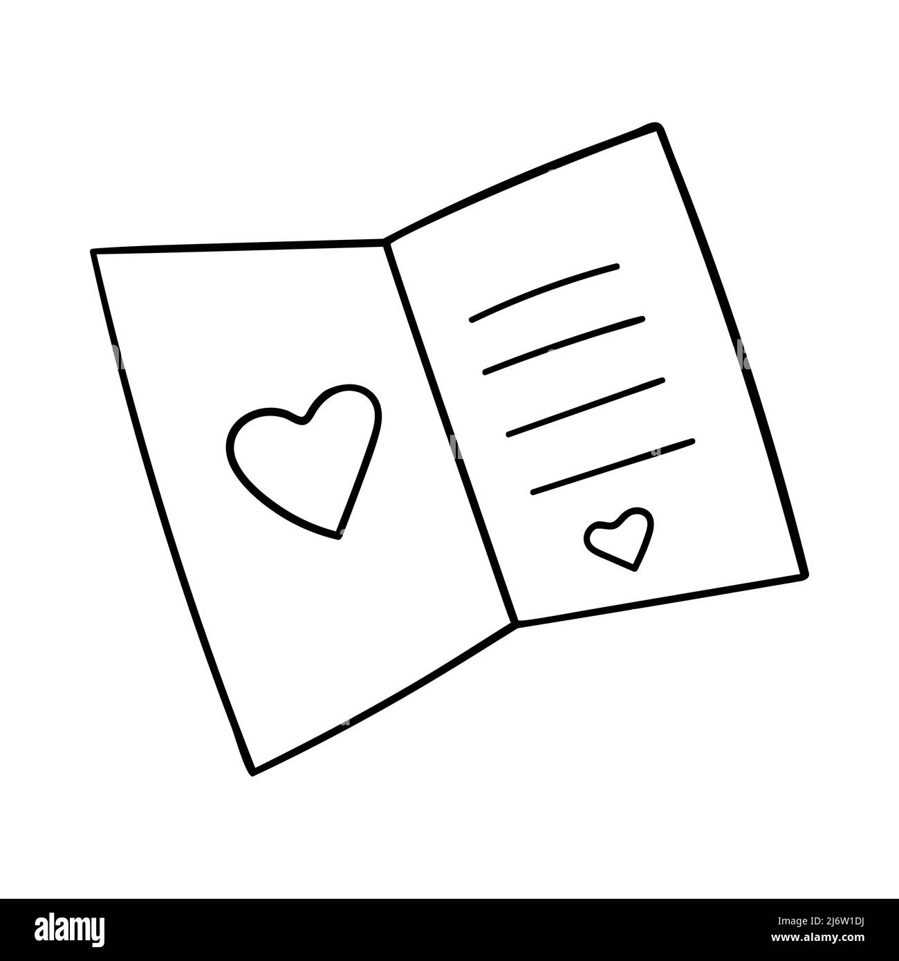 Öffnen Sie die Karte mit einem Herzen. Dekoratives Element zum Valentinstag. Ein einfaches Design-Objekt wird von Hand gezeichnet und auf Weiß isoliert. Doodle s Stock Vektor