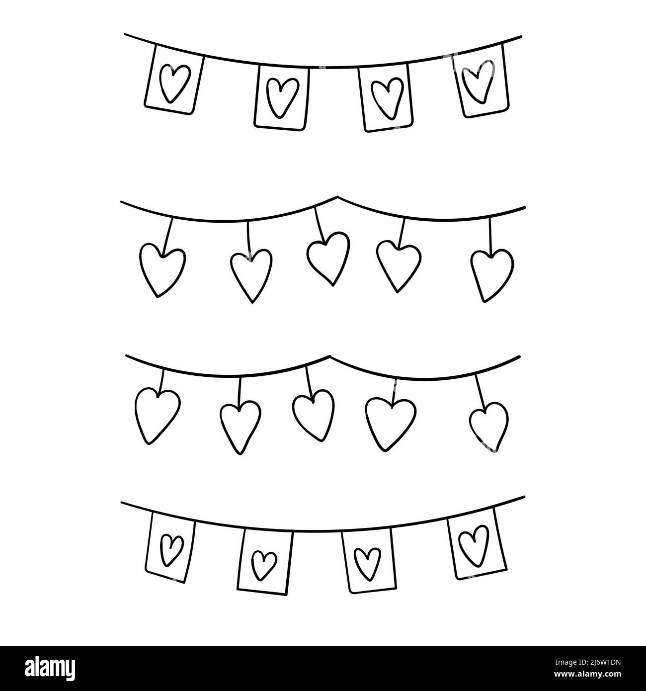 Flaggen mit Herzen, Grenzelement. Dekoratives Designelement zum Valentinstag. Einfache Umrissdarstellung von Hand gezeichnet und isoliert auf einer weißen BA Stock Vektor