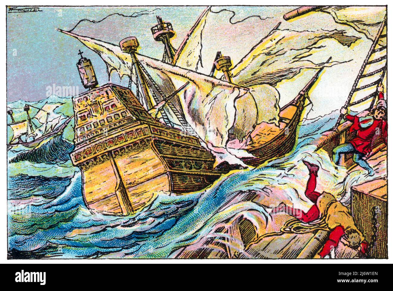 Historia de Catalunya. Armada Invencible, fracasada expedición militar Marítima proyectada por el monarca español Felix II (1527-1598) para destronar a Isabel i de Inglaterra (1533-1603) e invadir Inglaterra. El ataque tuvo lugar en el contexto de la guerra anglo-española en 1586. Cromo de Xacolata Juncosa. Año 1932. Autor: Albert Mestre Moragas. Stockfoto