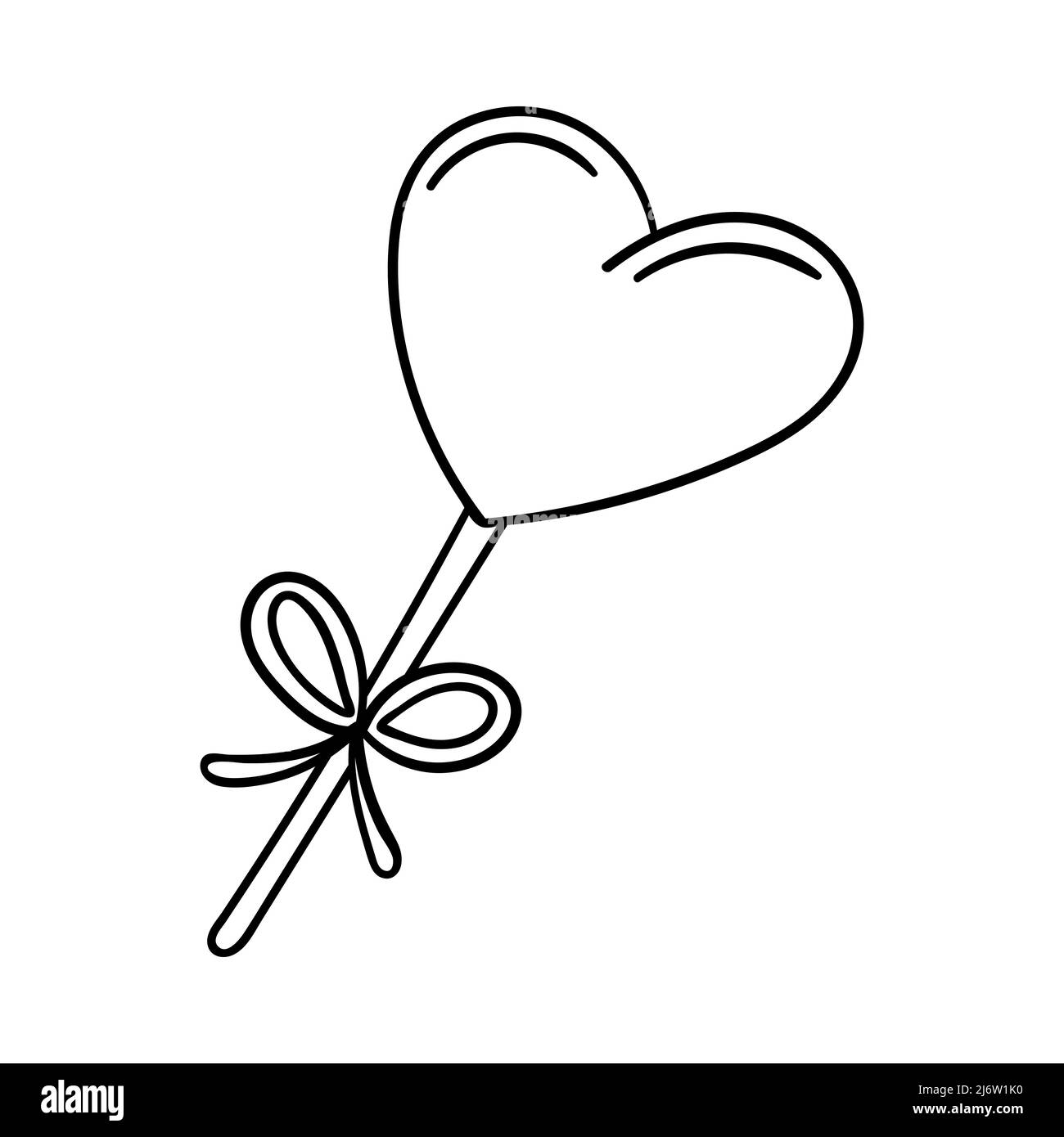 Herzförmiger Lutscher auf einem Stock mit Schleife. Dekoratives Designelement zum Valentinstag. Einfache, von Hand gezeichnete und isolierte Umrissdarstellung Stock Vektor