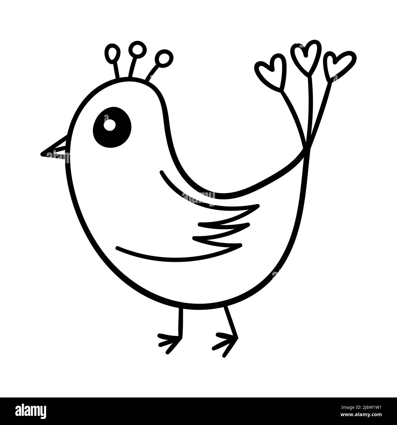 Niedlicher Vogel mit Federn in Herzform. Dekoratives Designelement zum Valentinstag. Einfache, von Hand gezeichnete und isolierte Umrissdarstellung Stock Vektor