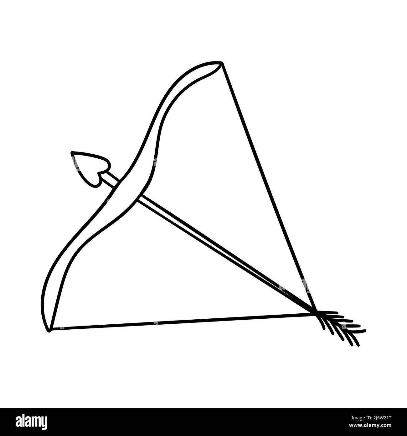 Ein gezeichneter Pfeil und Bogen. Dekoratives Designelement zum Valentinstag. Einfache, von Hand gezeichnete und auf weißem Hintergrund isolierte Umrissdarstellung. Bl Stock Vektor
