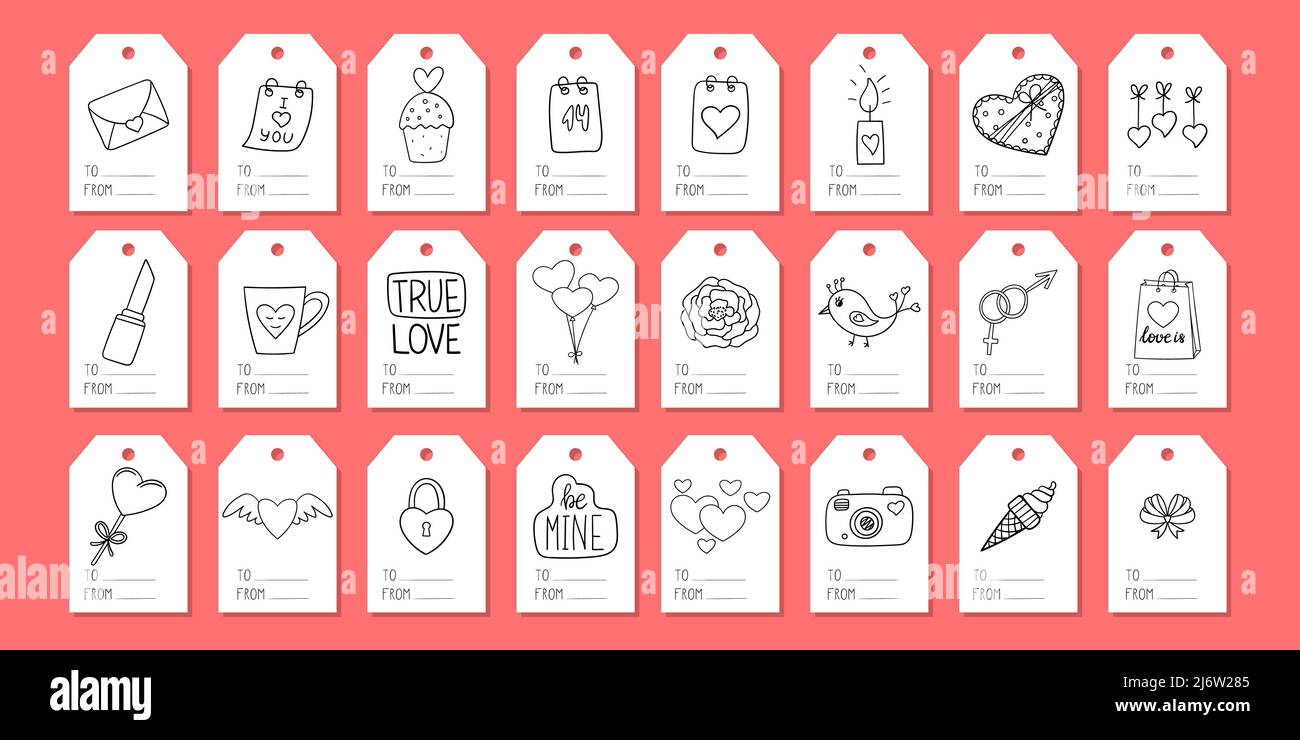 Ein Set von Anhängern für Geschenkverpackungen mit Elementen zum Thema Valentinstag. Illustrationen im Doodle-Stil sind handgezeichnet. Schwarz-Weiß-Vektor-Illus Stock Vektor