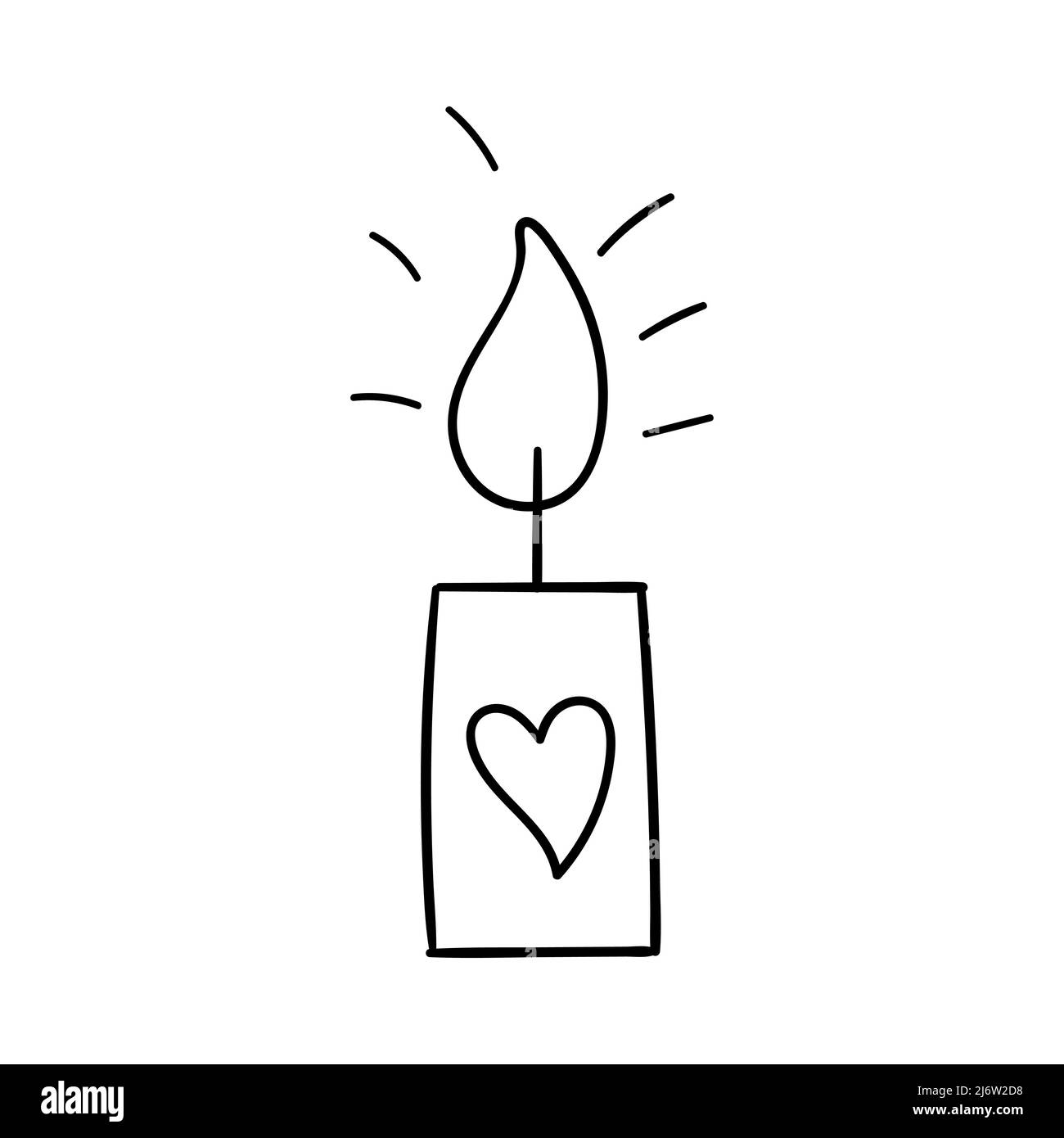 Eine brennende Kerze mit einem Muster in der Form . Dekoratives Designelement zum Valentinstag. Einfache Umrissdarstellung von Hand gezeichnet und isoliert o Stock Vektor